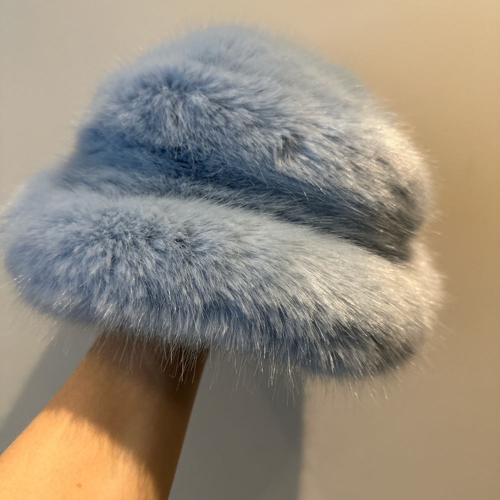 Emma Brewin Light Blue Faux Fur bucket hat